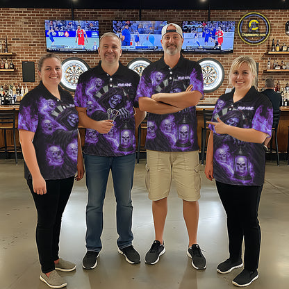 Purple Grim Reaper Flame Darts Shirt For Women Custom Skull Darts League Jersey Team Polo & 1/4 Zip TDM5562