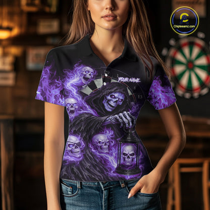 Purple Grim Reaper Flame Darts Shirt For Women Custom Skull Darts League Jersey Team Polo & 1/4 Zip TDM5562