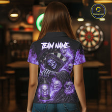 Load image into Gallery viewer, Purple Grim Reaper Flame Darts Shirt For Women Custom Skull Darts League Jersey Team Polo &amp; 1/4 Zip TDM5562