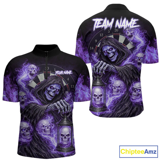 Purple Grim Reaper Flame Darts Shirt For Men Custom Skull Darts League Jersey Team Polo & 1/4 Zip TDM5562