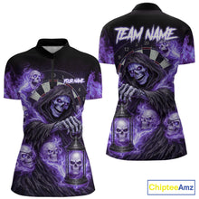 Load image into Gallery viewer, Purple Grim Reaper Flame Darts Shirt For Women Custom Skull Darts League Jersey Team Polo &amp; 1/4 Zip TDM5562