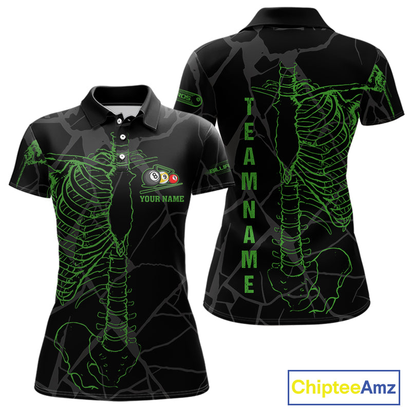 Black And Green Funny Skeleton Billiard Polo & 1/4 Zip For Women Custom Billiard Pool Team Jersey TDM5797