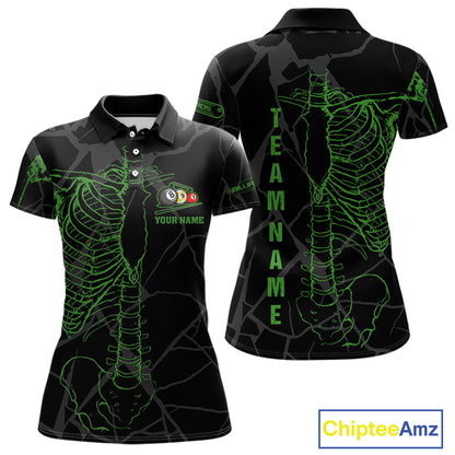 Black And Green Funny Skeleton Billiard Polo & 1/4 Zip For Women Custom Billiard Pool Team Jersey TDM5797