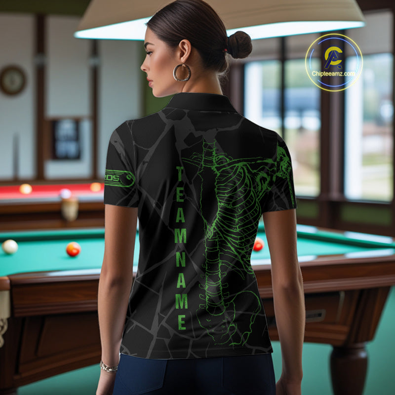 Black And Green Funny Skeleton Billiard Polo & 1/4 Zip For Women Custom Billiard Pool Team Jersey TDM5797