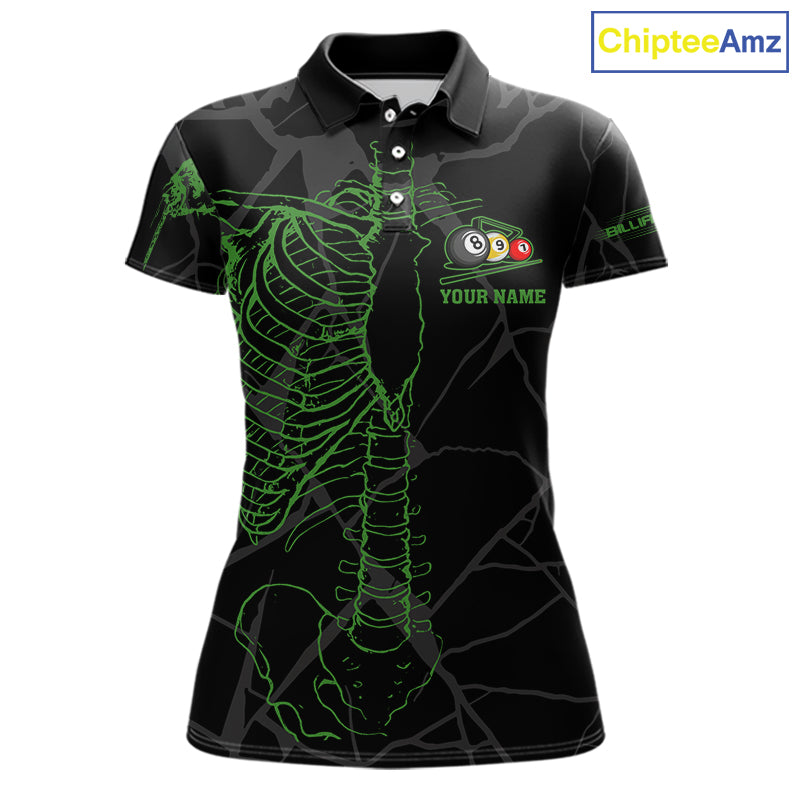 Black And Green Funny Skeleton Billiard Polo & 1/4 Zip For Women Custom Billiard Pool Team Jersey TDM5797