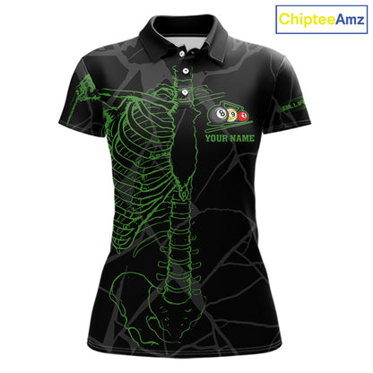 Black And Green Funny Skeleton Billiard Polo & 1/4 Zip For Women Custom Billiard Pool Team Jersey TDM5797