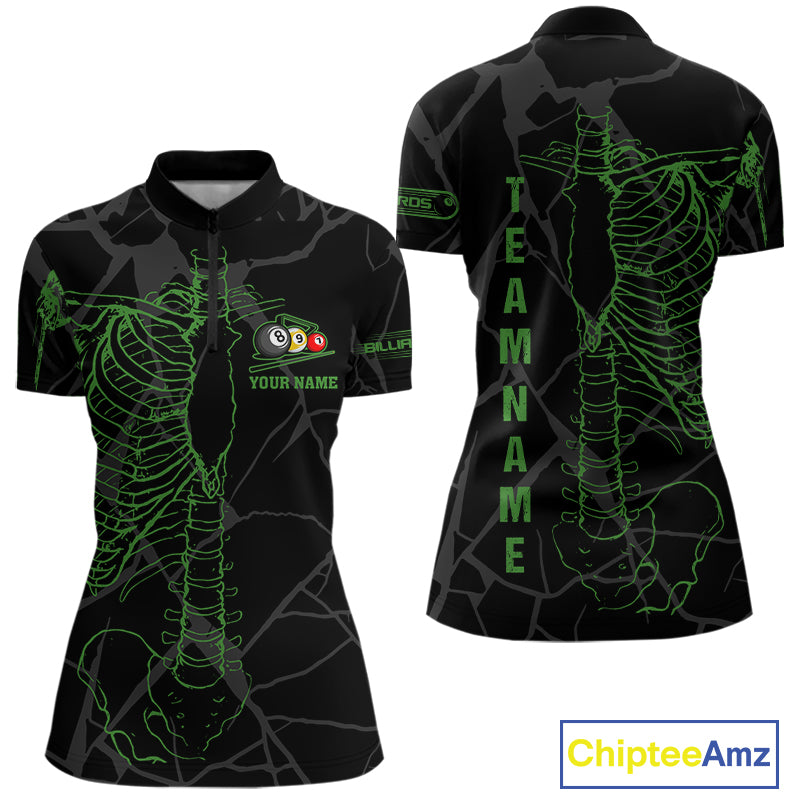 Black And Green Funny Skeleton Billiard Polo & 1/4 Zip For Women Custom Billiard Pool Team Jersey TDM5797