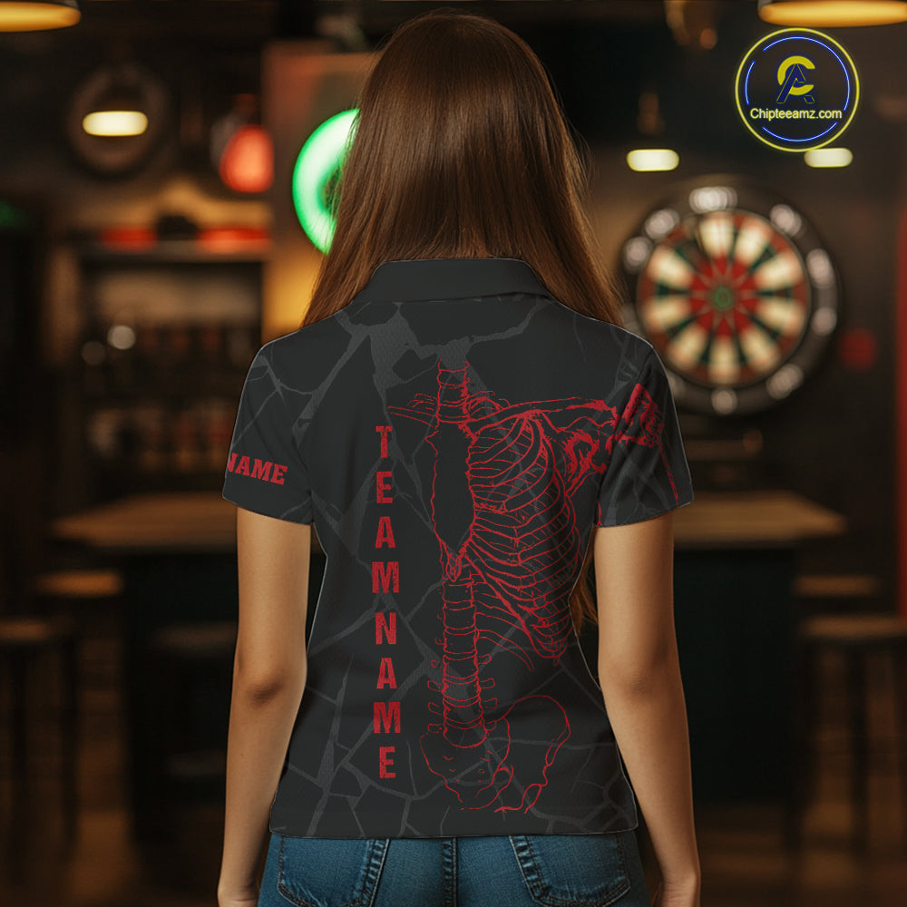 Black And Red Funny Skeleton Darts Polo & 1/4 Zip Custom Darts Shirt For Women Darts Team Jersey TDM5800