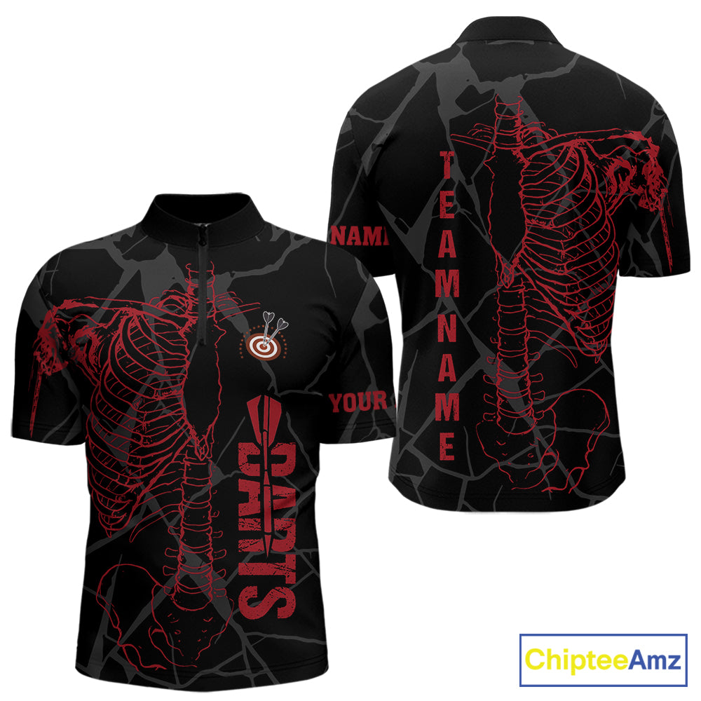 Black And Red Funny Skeleton Darts Polo & 1/4 Zip Custom Darts Shirt For Men Darts Team Jersey TDM5800