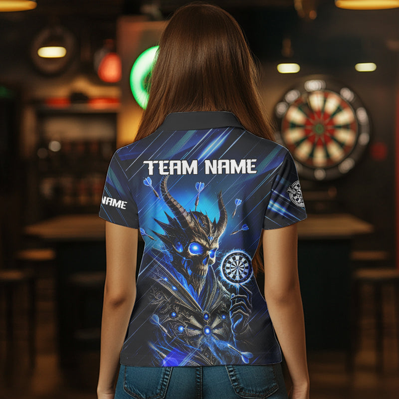 Personalized Blue Glowing Grim Reaper Dart Shirt Polo, Quarter Zip For Women Custom Skull Dart Jersey TDM3640