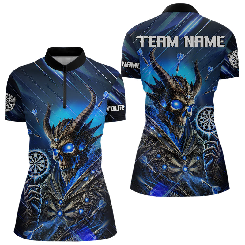 Personalized Blue Glowing Grim Reaper Dart Shirt Polo, Quarter Zip For Women Custom Skull Dart Jersey TDM3640