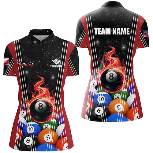 Red 8 Ball Pool Fire Flame Billiard Balls Women Quarter-Zip Shirts Custom Billiard Jerseys TDM1312