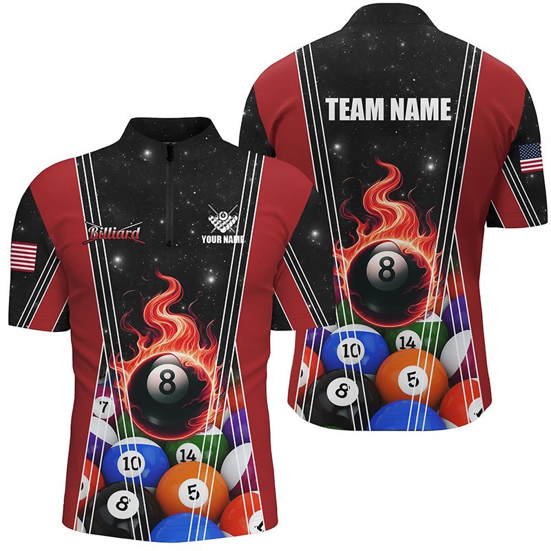 Red 8 Ball Pool Fire Flame Billiard Balls Men Quarter-Zip Shirts Custom Billiard Jerseys TDM1312