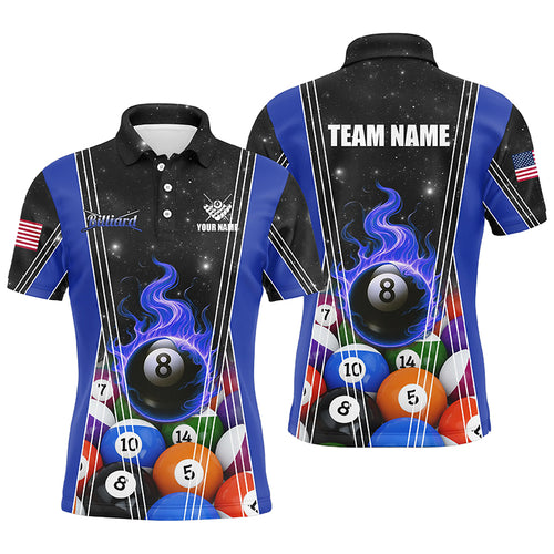 Personalized Blue 8 Ball Pool Fire Flame Billiard Balls Men Polo Shirt Custom Billiard Team Jerseys TDM1313