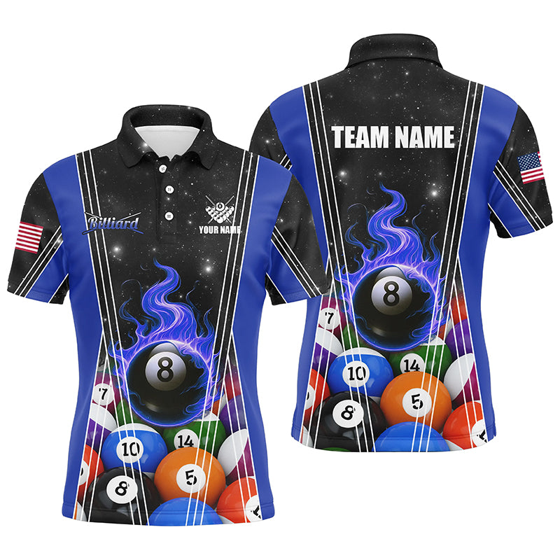 Personalized Blue 8 Ball Pool Fire Flame Billiard Balls Men Polo Shirt Custom Billiard Team Jerseys TDM1313
