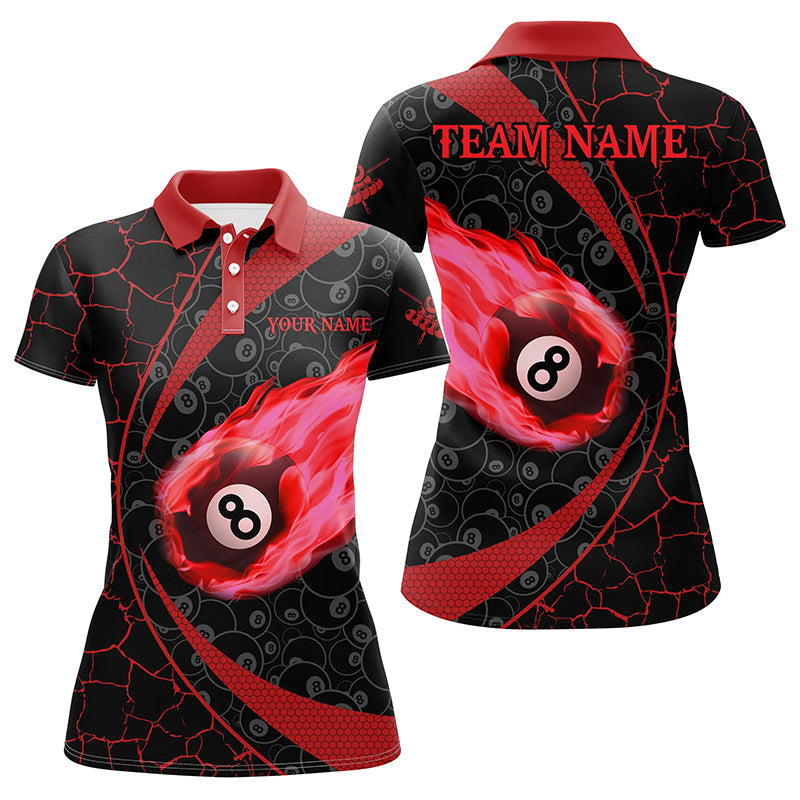 Personalized Black Red Billiard Fire Flame Women Polo Shirts Custom Name 8 Ball Pool Team Shirts TDM1316