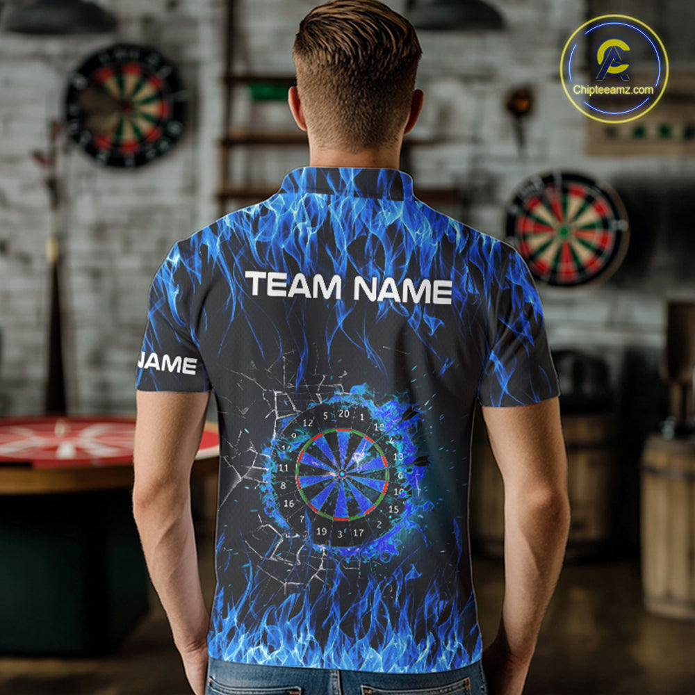 Blue Flaming Dart Shirt With Pocket Option For Men Custom Dart Team Jersey TDM3791