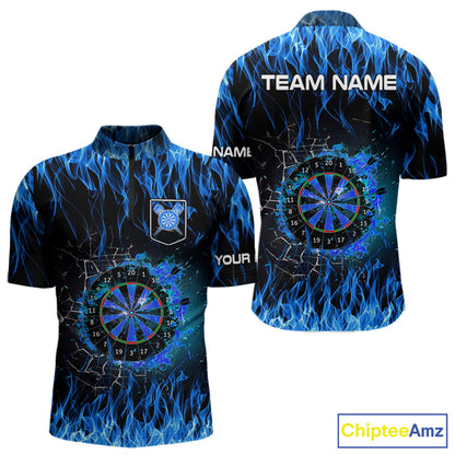 Blue Flaming Dart Shirt With Pocket Option For Men Custom Dart Team Jersey TDM3791