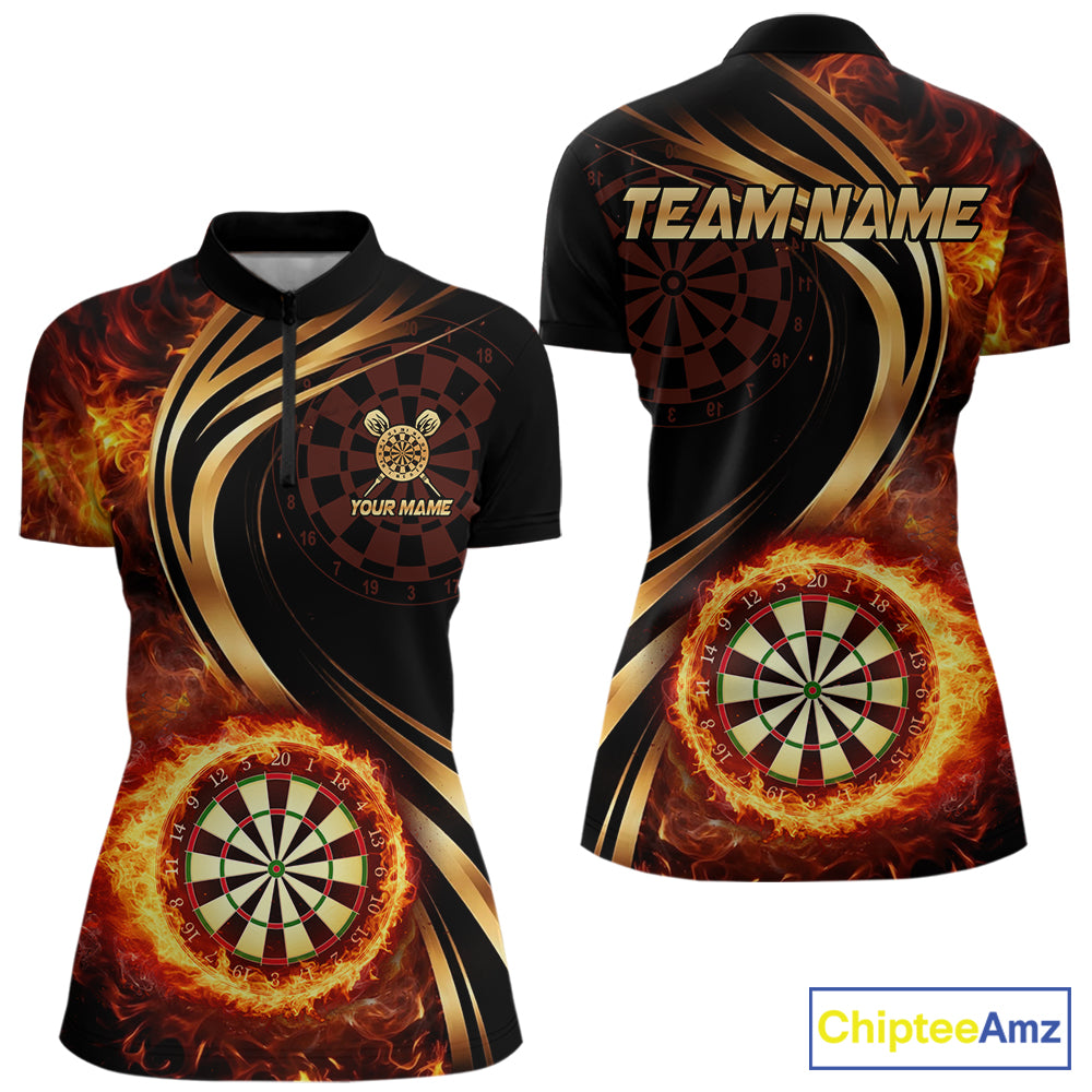 Personalized Fire Flame Darts Shirt For Women Custom Golden Darts Team Jersey Polo & 1/4 Zip TDM6174