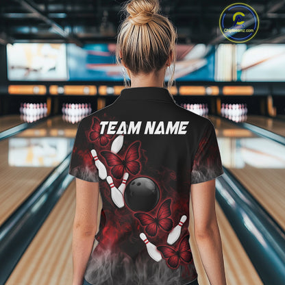 Black And Red Custom Butterfly Bowling Shirt For Women, Bowling Team Jersey Polo & Quarter Zip Shirt TDM6179