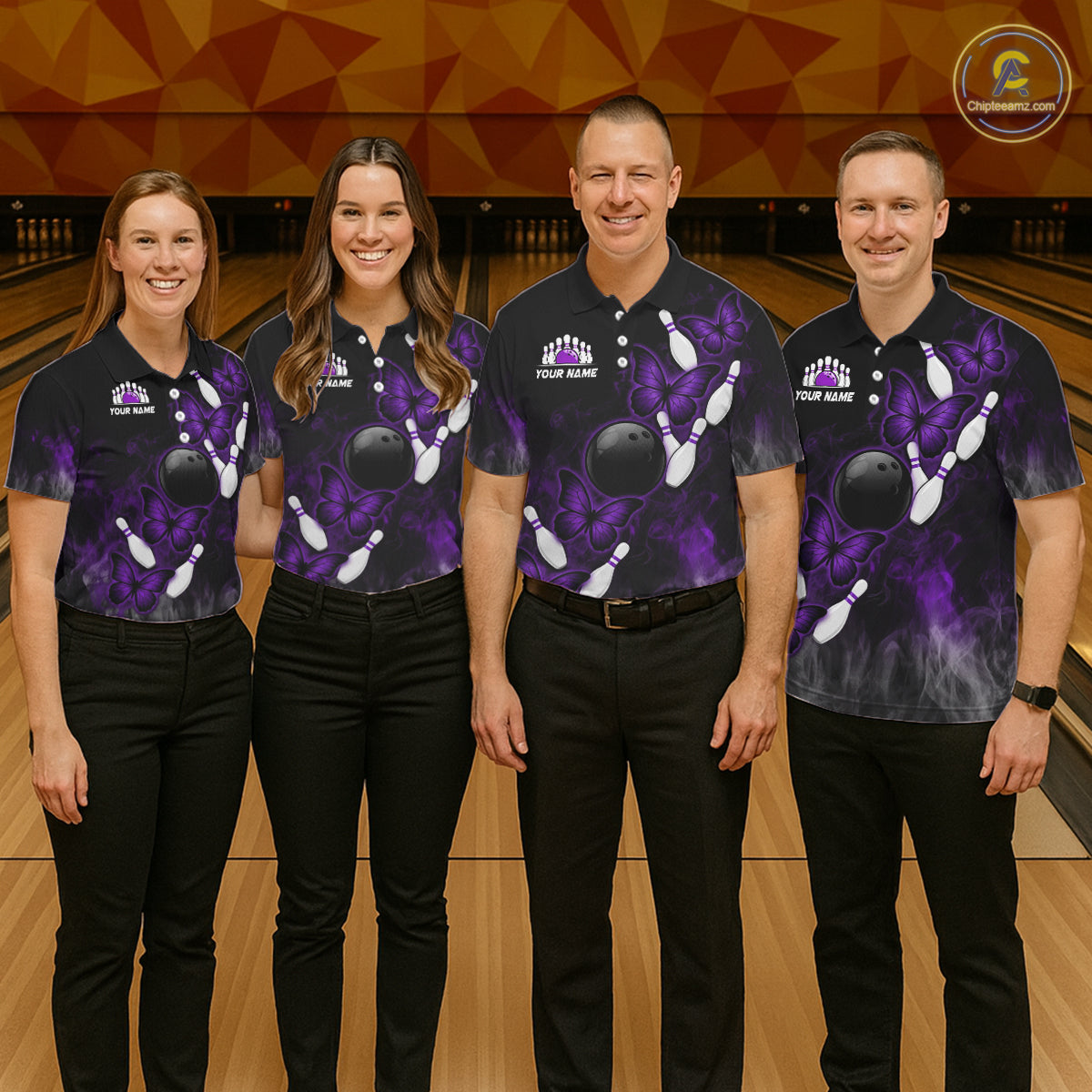 Black And Purple Custom Butterfly Bowling Shirt For Men, Bowling Team Jersey Polo & 1/4 Zip Shirt TDM6180