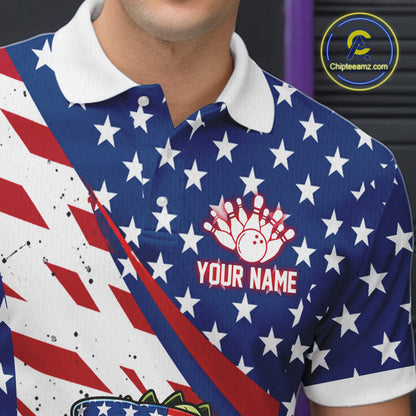 Polo shirt with American flag design and bowling ball logo, personalized with 'Your Name'.