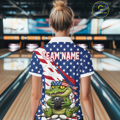 Person wearing a bowling-themed shirt with an American flag design and 'Team Name' text.