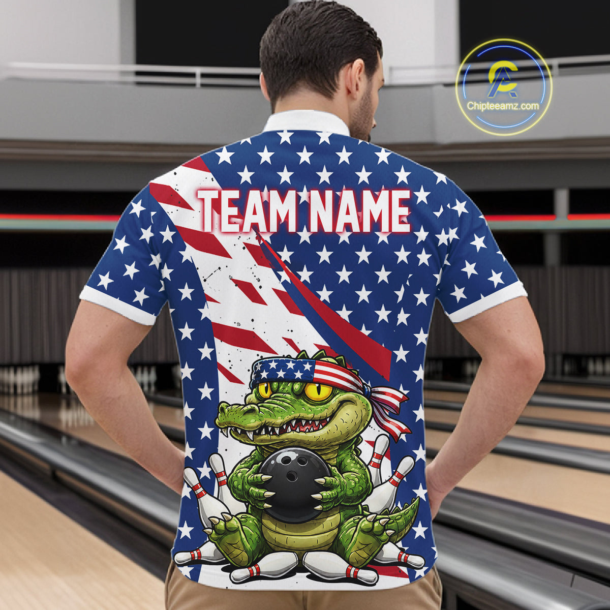 Person wearing a bowling-themed shirt with an American flag design and 'Team Name' text.