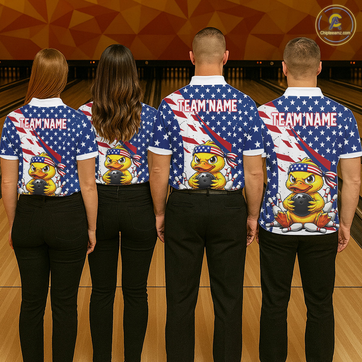 Four people wearing bowling shirts with a duck and American flag design on a bowling alley.