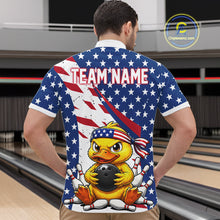 Load image into Gallery viewer, Person wearing a bowling-themed shirt with an American flag design and 'Team Name' text.