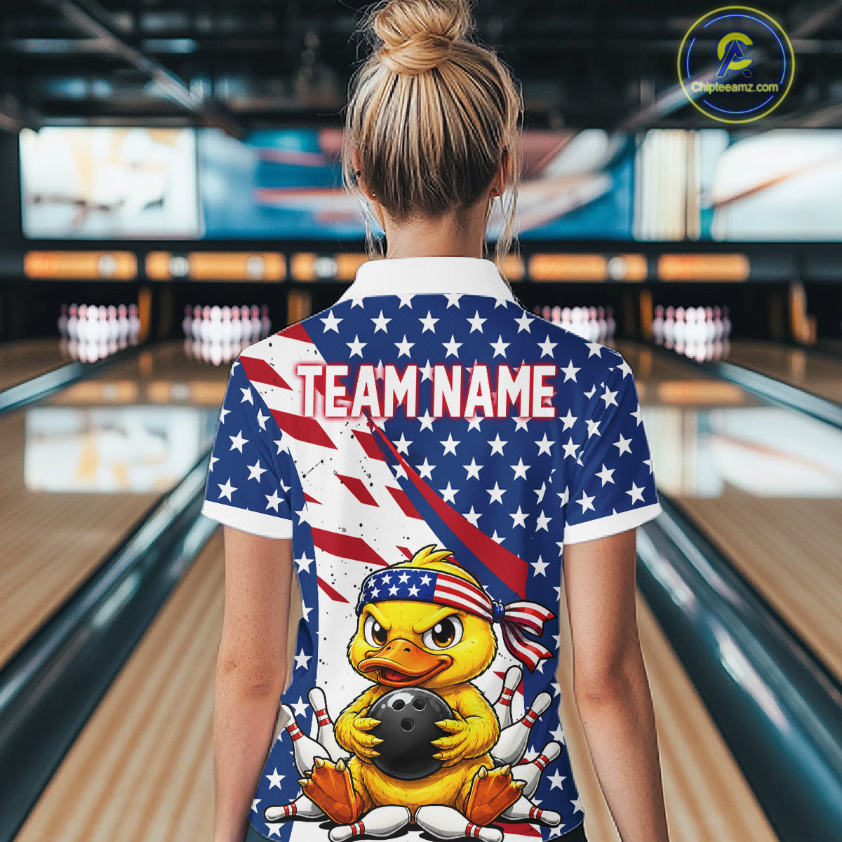 Person wearing a bowling-themed shirt with an American flag design and 'Team Name' text.