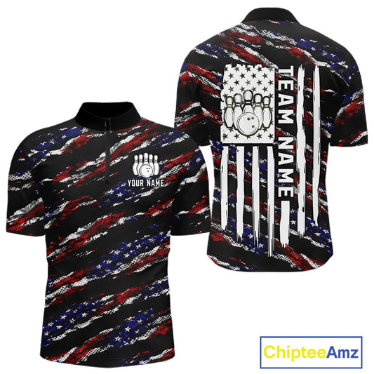 Black American flag quarter zip bowling shirt for men, custom bowling team jersey and tournament apparel.