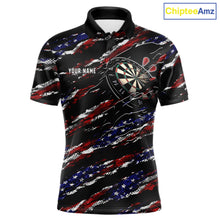 Load image into Gallery viewer, Black American flag custom darts polo shirt for men, patriotic darts team jersey for league tournaments.