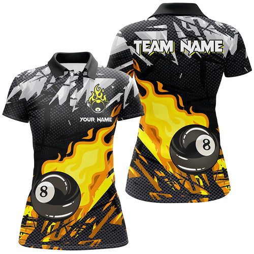 Yellow 8 Ball Fire Flame Grunge Pattern Custom Billiard Shirts For Women, 8 Ball Pool Jerseys Outfit TDM2342