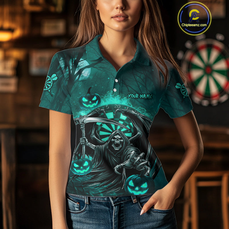 Turquoise Grim Reaper Halloween Darts Shirt For Women Custom Darts Jersey Team Polo & Quarter Zip TDM4666