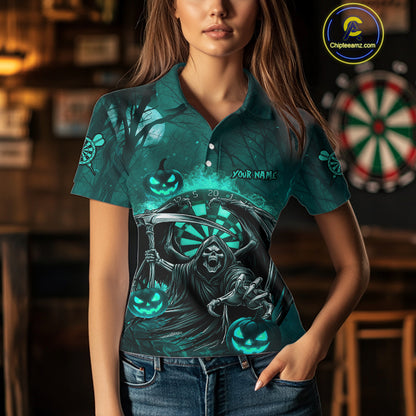 Turquoise Grim Reaper Halloween Darts Shirt For Women Custom Darts Jersey Team Polo & Quarter Zip TDM4666