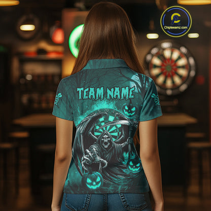 Turquoise Grim Reaper Halloween Darts Shirt For Women Custom Darts Jersey Team Polo & Quarter Zip TDM4666