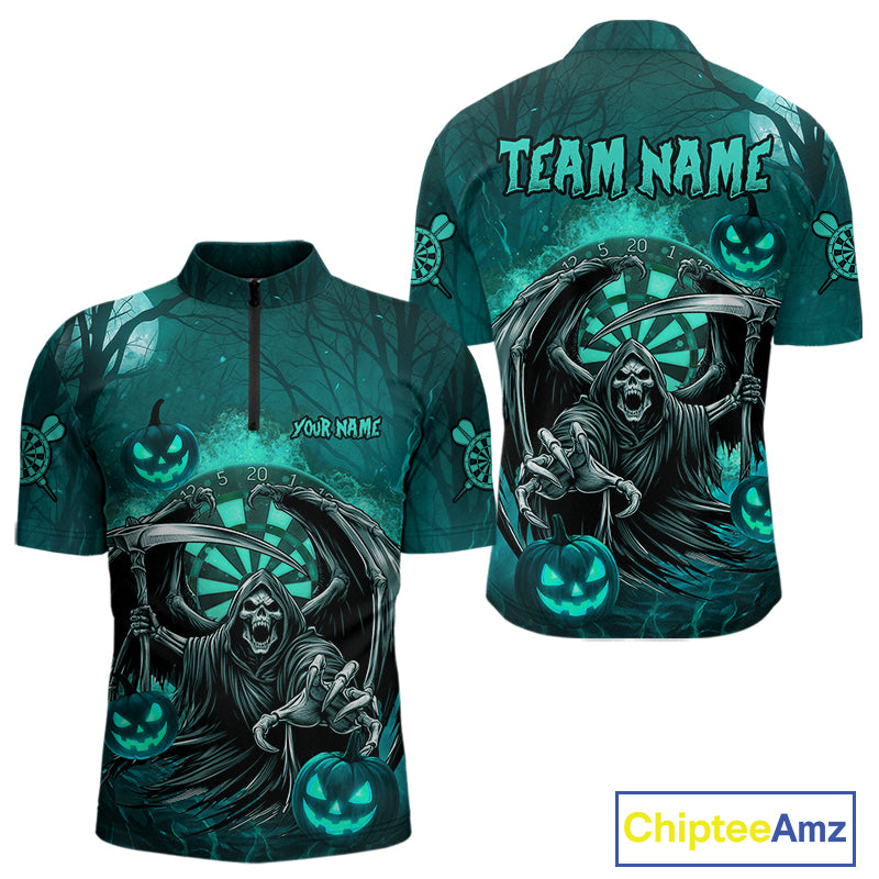 Turquoise Grim Reaper Halloween Darts Shirt For Men Custom Darts Jersey Team Polo & Quarter Zip TDM4666