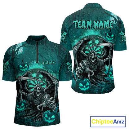 Turquoise Grim Reaper Halloween Darts Shirt For Men Custom Darts Jersey Team Polo & Quarter Zip TDM4666