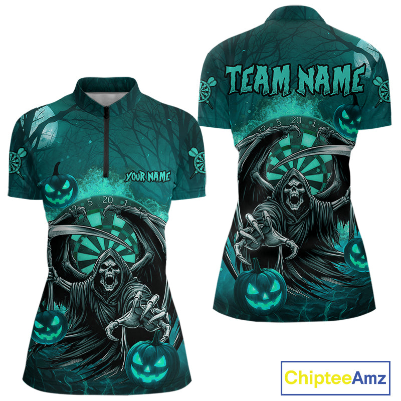 Turquoise Grim Reaper Halloween Darts Shirt For Women Custom Darts Jersey Team Polo & Quarter Zip TDM4666