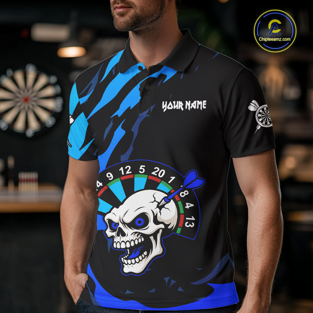 Blue Funny Skull Dart Shirts With Pocket Option For Men Custom Darts Jersey TDM7343