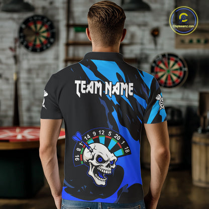 Blue Funny Skull Dart Shirts With Pocket Option For Men Custom Darts Jersey TDM7343