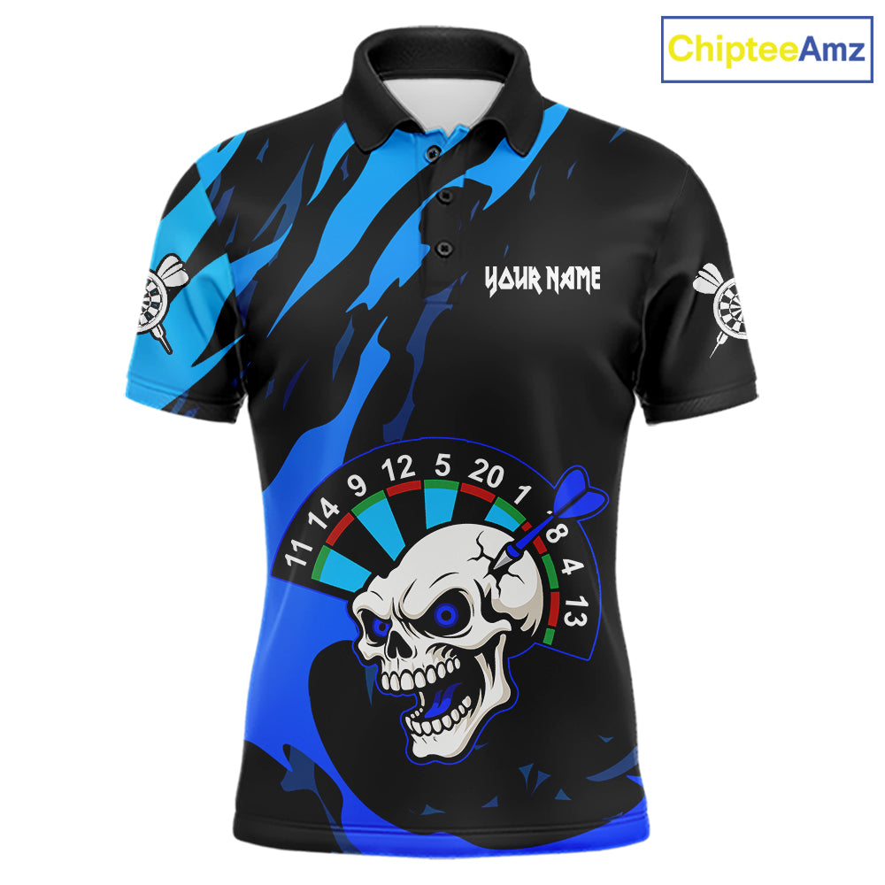 Blue Funny Skull Dart Shirts With Pocket Option For Men Custom Darts Jersey TDM7343