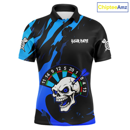 Blue Funny Skull Dart Shirts With Pocket Option For Men Custom Darts Jersey TDM7343