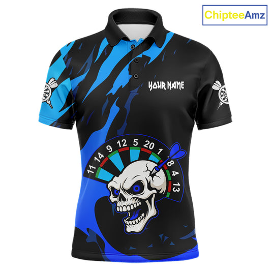 Blue Funny Skull Dart Shirts With Pocket Option For Men Custom Darts Jersey TDM7343