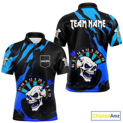 Blue Funny Skull Dart Shirts With Pocket Option For Men Custom Darts Jersey TDM7343