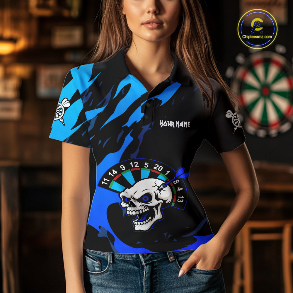 Blue Funny Skull Dart Shirts With Pocket Option For Women Custom Darts Jersey TDM7343