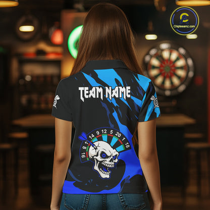 Blue Funny Skull Dart Shirts With Pocket Option For Women Custom Darts Jersey TDM7343