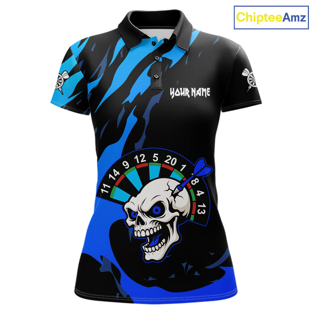 Blue Funny Skull Dart Shirts With Pocket Option For Women Custom Darts Jersey TDM7343