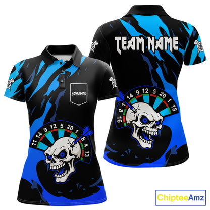 Blue Funny Skull Dart Shirts With Pocket Option For Women Custom Darts Jersey TDM7343
